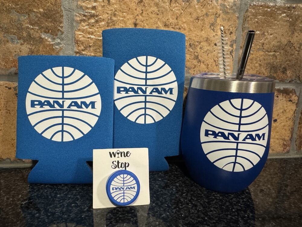 Pan Am Theme Wine Tumbler, Wine Stopper, Skinny Can Koozie, & Standard Koozie
